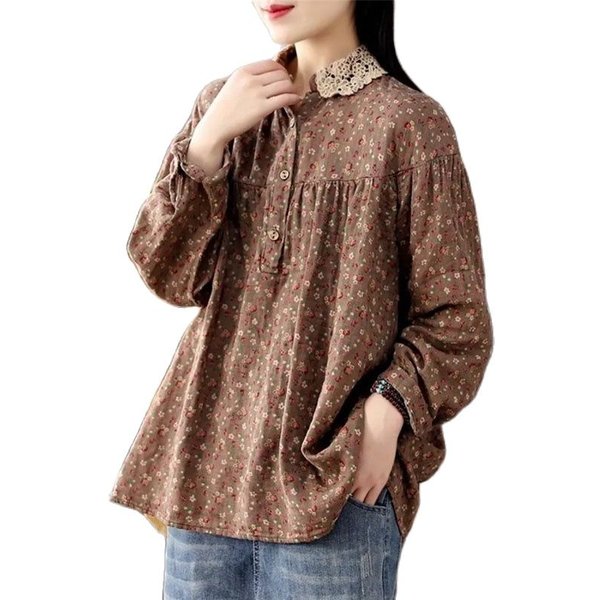 Fresh Spring Autumn Printing New 2022 Cotton Linen Lace Side Collar T-Shirt Women's Long Sleeves Loose Light Lazy Wind Jacket