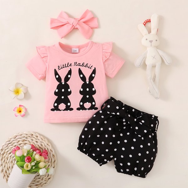 Tenue 3 pièces pour bébé fille de 0 à 18 mois, ensemble T-shirt imprimé lapin + short à pois + vêtements de sauna, mode adorable