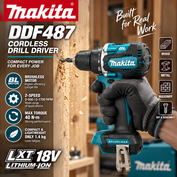 Für Makita DDF487 Akku-Bohrschrauber, kompaktes bürstenloses Elektrowerkzeug, Hochdrehmoment-Bohrer für Heimwerkerarbeiten und professionellen Einsatz.