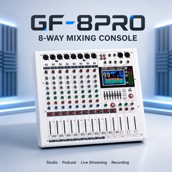 NXG Professional GF-8PRO 8-Way Mixing Console with Built-in DSP Effects, 7-Band EQ & LED Meter for Studio Recording, Live Streaming / Professionelles 8-Kanal-Mischpult mit DSP-Effekten für Studio &