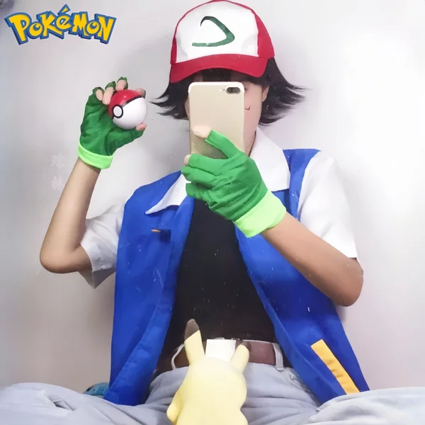 Nowa niebieska kurtka, kostium do cosplaya dla chłopców, postać Ash Ketchum, idealny na imprezę halloweenową, zestaw rękawic trenera i czapki, prezent świąteczny w stylu anime.