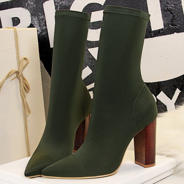 InjSock-Bottes à talons hauts pour femmes, 10cm, vert, carré, nuit, rinçage, printemps, automne, pointu, Parker, satin, sexy, chaussures de fête