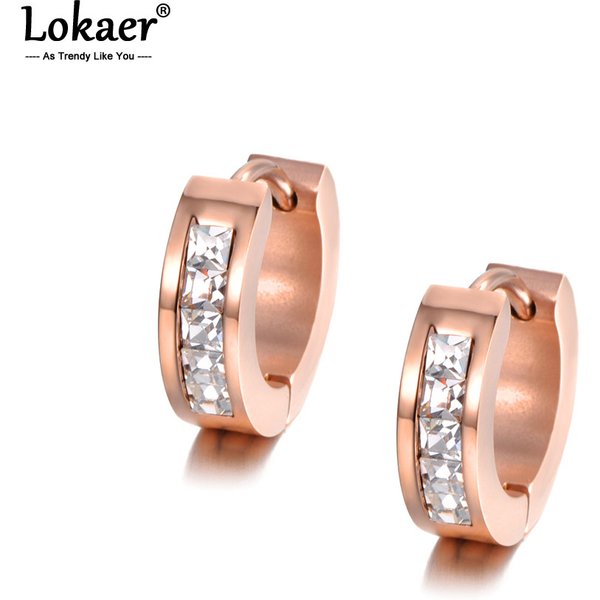 Lokaer – boucles d'oreilles créoles en zircone cubique, bijoux en cristal blanc, acier inoxydable, couleur or Rose, cadeau pour femmes, strass E18484