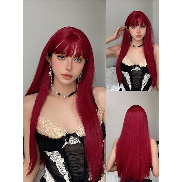 Perruques synthétiques lisses longues rouge vin pour femmes, perruque avec frange, perruque naturelle de Cosplay résistante à la chaleur pour fête quotidienne