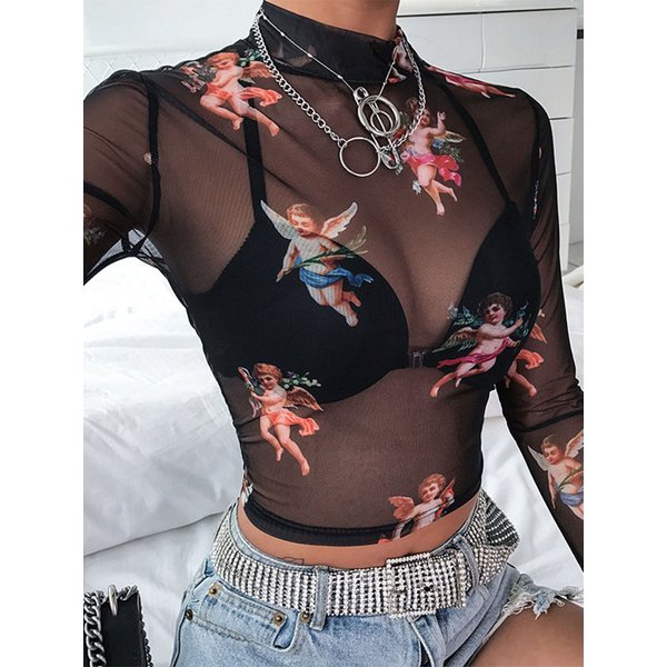 Sexy Women T Shirt See Through Transparent Mesh Tops Long Sleeve Sheer Slim Ladies Turtleneck T-Shirt New Arrival Women tshirt
