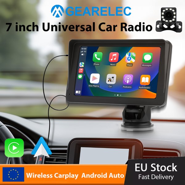 GEARELEC 7 Zoll tragbares Autoradio, kabelloses CarPlay, Android Auto, universeller Touchscreen-Multimedia-Videoplayer mit FM-Rückfahrkamera