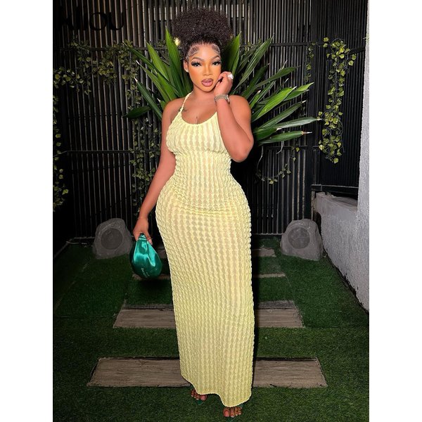 Kliou Solide Geraffte Spaghetti Strap Bandage Maxi Kleid Frauen Casual Ärmellose Backless Bodycon Damen Party Streetwear Kleider