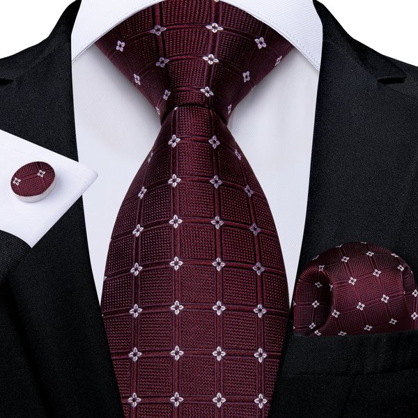 Cravates à carreaux rouge foncé pour hommes, classiques 8 cm, accessoires pour affaires, mariage, fête, pochette de costume, boutons de manchette, cadeau DiBanGu Dropship