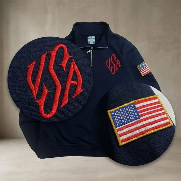 Sweat-shirts à capuche brodés drapeau américain Y2K, pulls à quart de zip pour hommes, bleu marine et blanc, avec patch sur la manche, streetwear décontracté