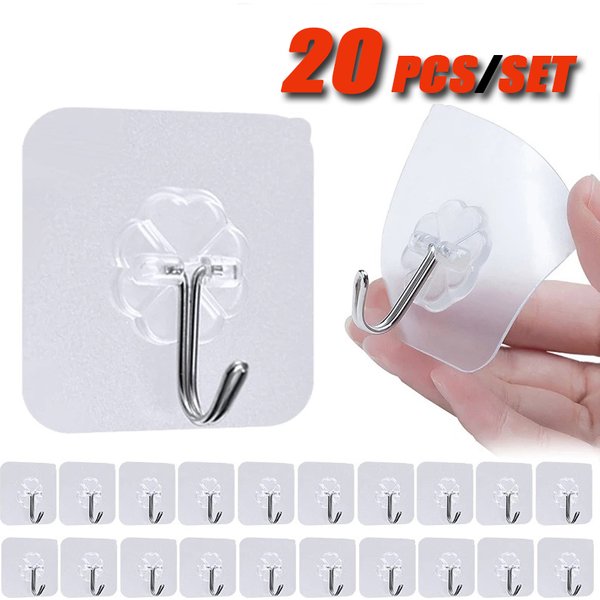 20PCS/set Transparent Stainless Steel Strong Self-adhesive Hooks Bathroom Towel Clothes Storage Sticky Hooks Key Pendant Storag