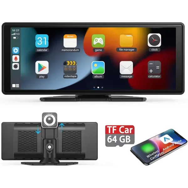 10,26 Zoll HD-Touchscreen Tragbares Kabelloses CarPlay Autoradio, Unterstützt Android Auto Mirror Link mit Rückfahrkamera