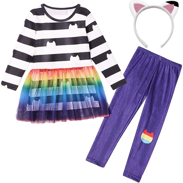 Cartoon Kinder Mädchen Regenbogen-Kleider+Hosen-Sets Kinder Halloween Ostern Katzen Karneval Cosplay Kostüm Geburtstagsparty 3-10 Jahre