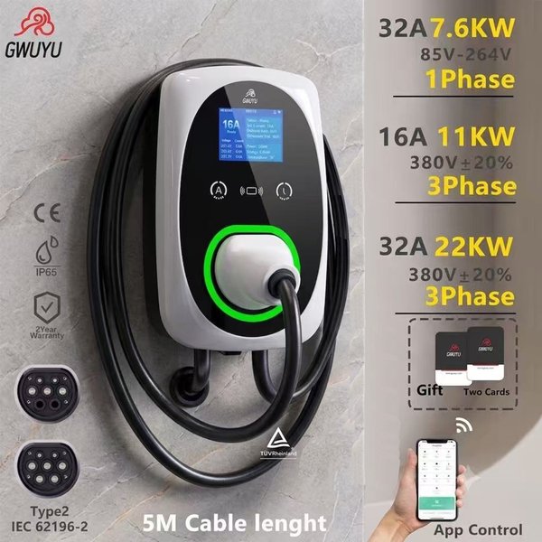 GWUYU EVSE Wallbox 7,6KW 11KW 22KW 3-Phasen Typ2 Ladekabel IEC62196-2 Smart APP-Steuerung Elektrofahrzeug-Ladestation