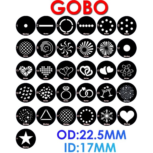 22,5 mm Außendurchmesser, Gobo für bewegliche Kopfleuchten, Mustergröße max. 17 mm, Lichtshow für Partys, romantische Liebeserklärung, kreisförmiges Loch