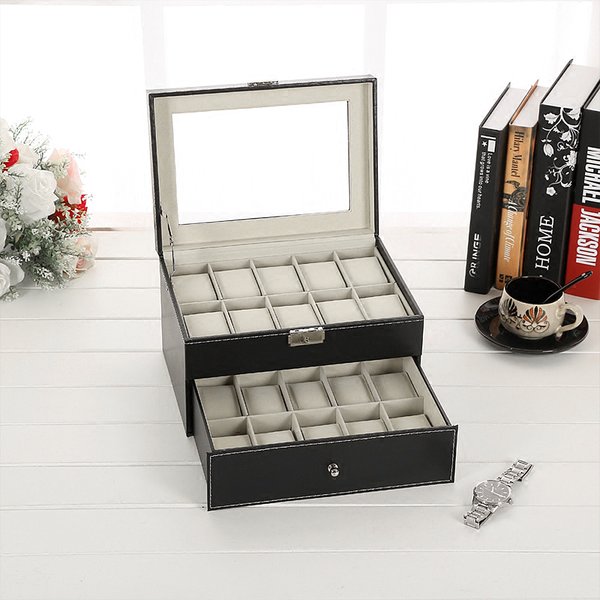 Uhrenbox mit 20 Fächern, Präsentationsständer/Etui/Aufbewahrungsbox für 20 Uhren, Metallscharnier, PU-Leder, Hochglanz-Oberseite, Schwarz Beige