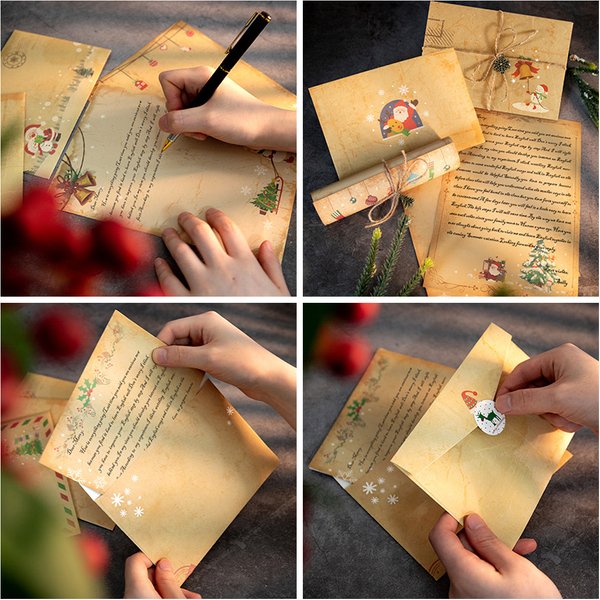 6pcs Vintage Christmas Kraft Letter Paper Santa Claus Snowman Letter Pad Gift Envelopes Xmas Party DIY Invitation Greeting Card