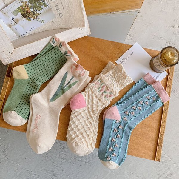 Women Socks New Korean Style Flower Casual Sock Girls Frilly Ruffle Cute Sweet Breathable Kawaii Crew Socks