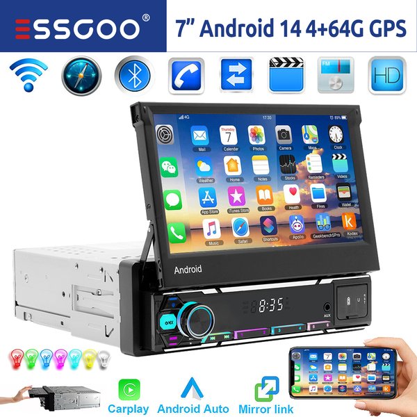 ESSGOO 7" 1 DIN Android 14 4+64G Autoradio Wireless Carplay Android Auto Ausklappbarer Touchscreen GPS NAVI WIFI Bluetooth FM RDS USB AUX Lenkradsteuerung EQ Mirror Link