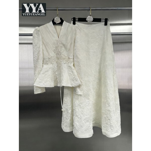 Womens Spring Autumn Embroidery V-Neck Jacquard Jacket Sets Long Sleeves Party Coat Two Piece Set Mid-Calf Length Skirt Outfits