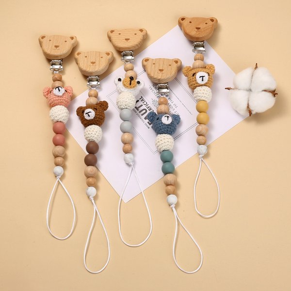 Attache-sucette en bois de hêtre pour bébé, Clip de sucette, perles d'animaux de dessin animé, chaîne de mamelon en Silicone pour anneau de dentition, jouets d'allaitement, chaîne de sucette pour bébé