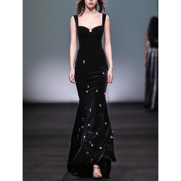 HIGH STREET Neueste Mode 2026 Designer Maxi-Kleider Damen Perlenbesetztes Spaghetti-Träger Samt Langes Kleid