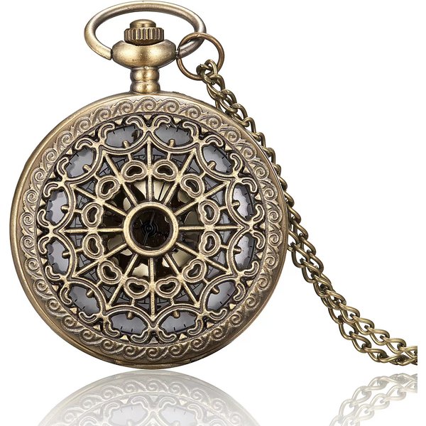 Vintage Bronze Heart-Shaped Cobweb Clamshell Quartz Pocket Watch Necklace Pendant Handmade Clock Souvenir Gift for Men and Women