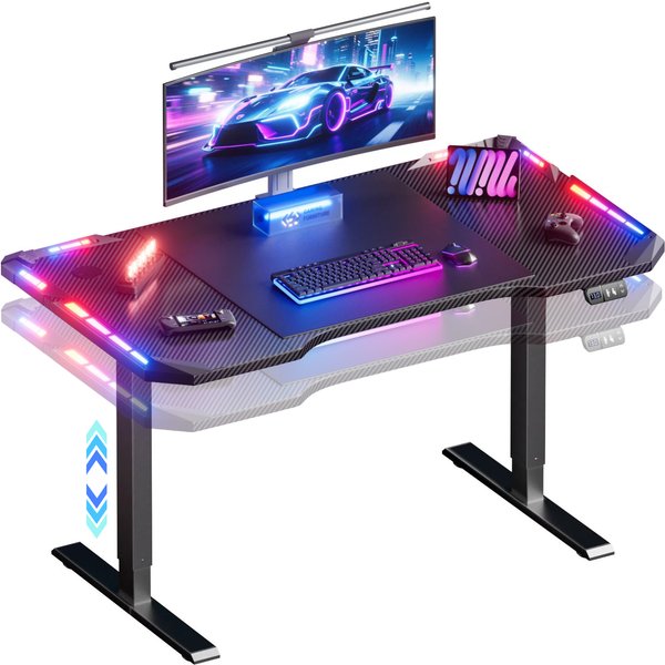 Bureau de jeu électrique réglable en hauteur avec éclairage LED contrôlé par application, table de jeu PC avec surface en fibre de carbone, 2 préréglages de hauteur, plusieurs tailles, poste de