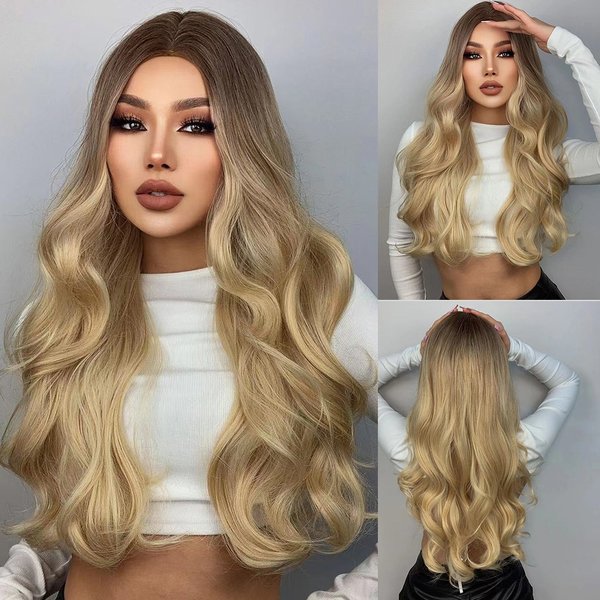 Long Wavy Golden Blonde Ombre Synthetic Wigs for Women Middle Part Wigs Heat Resistant Wig Daily Cosplay Natural Hair