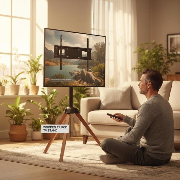 TV-Ständer mit Stativhalterung für 1016–1651 mm große flache und gebogene Fernseher bis zu 45 kg, 18 ° Links-rechts drehbarer, tragbarer TV-Ständer mit Holzbeinen für Schlafzimmer, Wohnzimmer,