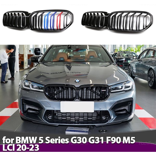 For BMW 5 Series G30 G38 G31 F90 M5 LCI 2020-2023 Car Front Bumper Grille Racing Grills Replacement 2 Slat Gloss Black Grilles