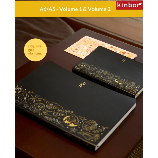 Kinbor Classic 2027 Tagesplaner, minimalistisches schwarzes PU-Leder-Tagebuch mit einer Seite pro Tag, 52g Bawen-Papier A5/A6 Jahresplaner-Notizbuch