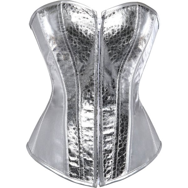 Damen PU-Kunstleder-Overbust-Korsett-Oberteile Vintage Gothic Silber Frontreißverschluss Bustier Sexy Body Shaper Trägerloses Korsett