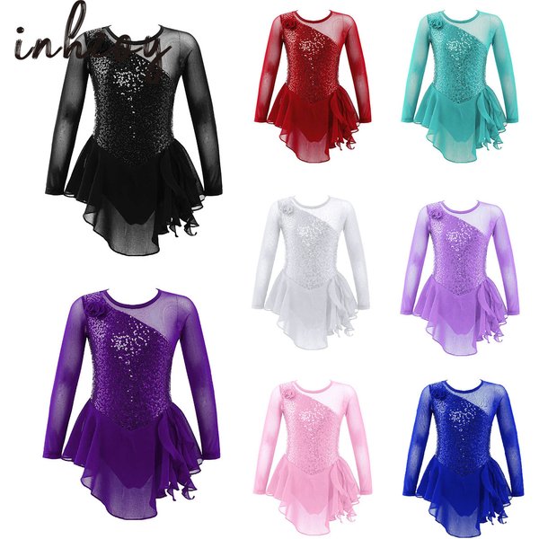 Kinder Mädchen Pailletten Ballett Tanz Trikot Eiskunstlauf Kleid Langarm Mesh Splice Rock Tutu Gymnastik Trikot Kostüm