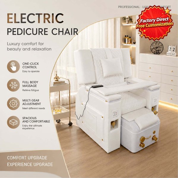 Fauteuil de pédicure électrique avec spa pour les pieds, fauteuil de manucure de luxe en cuir matelassé blanc pour salon de manucure avec port USB et télécommande
