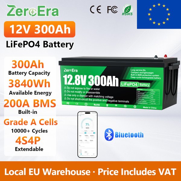 ZeroEra LiFePO4-Batterie 12V 300Ah 3840Wh mit Bluetooth-App-Überwachung, Zellen der Klasse A, 200A BMS, 10000+ Tiefzyklen, Lithium-Eisenphosphat-Batterie für Wohnmobil, Camping, Reisen, Marine und