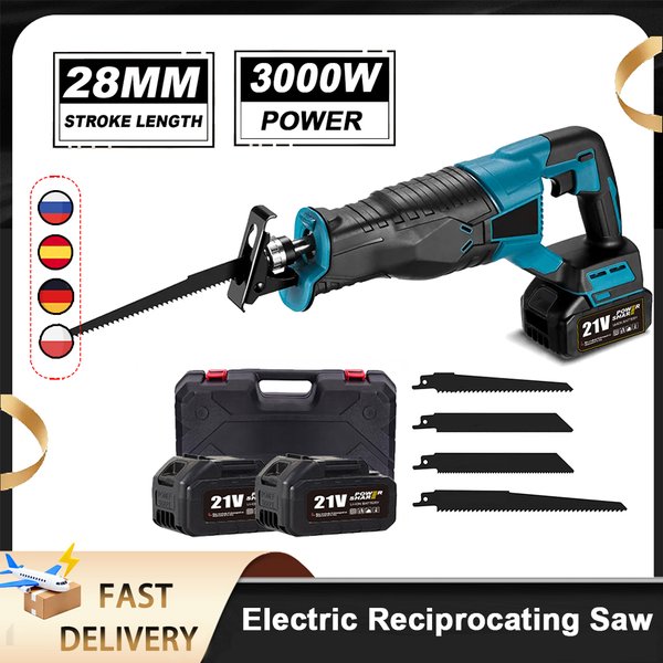 3000 W 10000 SPM Elektrische Säbelsäge Elektrische Kettensäge Säbelsäge Tragbares Akku-Werkzeug mit 4 Stück Klinge für 21 V Batterie