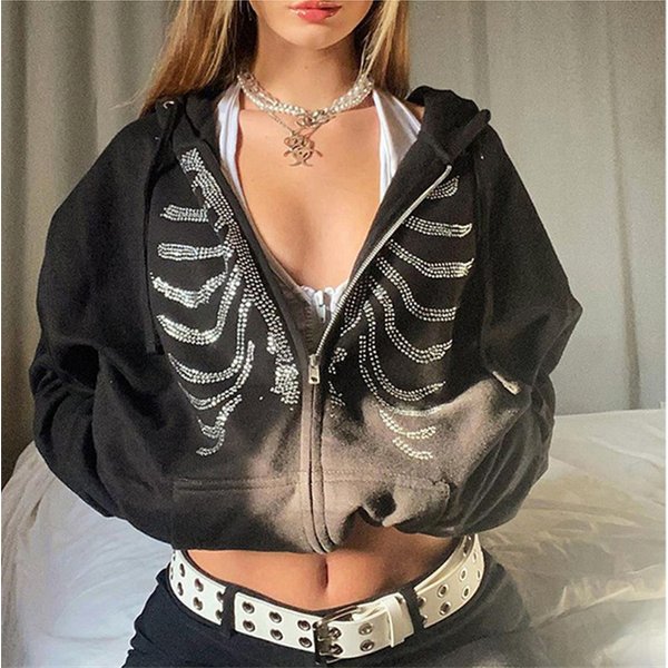 Frauen Gothic schwarz Reiß verschluss übergroße Sweatshirts y2k Strass Skelett Hoodies weibliche Retro Harajuku Kapuzen jacke Streetwear