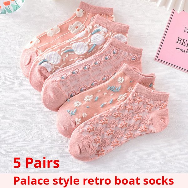 5 paires de Kawaii mignon fleur 3D texturé cheville chaussettes-Vintage Style mince coupe-bas bonneterie pour les femmes