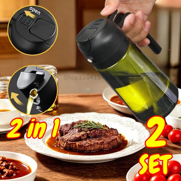 2-in-1 Ölsprüher und -spender, Olivenöl-Spender, Ölsprühflasche, Kunststoff-Sprühflasche zum Kochen, für Heißluftfritteuse, Grillen, Backen, Salat