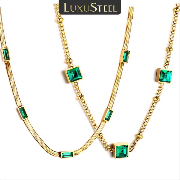 Collier de luxe avec pendentif en acier inoxydable et Zircon cubique pour femmes et filles, élégant, pierre verte, cristal, breloque, chaîne serpent, ras du cou