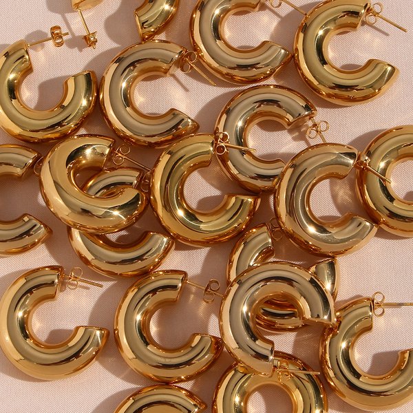 E.B.belle Hollow Light Weight Chunky Gold Plated Hoop Earrings For Women Minimalist Stainless Steel Waterproof Tarnish Free Hoop