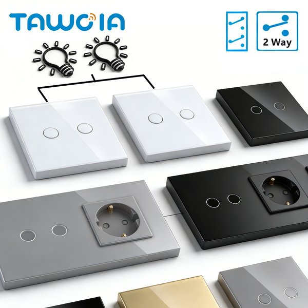 Interrupteur tactile TAWOIA 2 gangs compatible UE 1/2/3 voies pour escaliers, couloirs, panneau en verre, prise murale pour améliorations domestiques