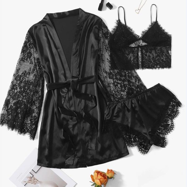 Sexy Nightgown Lingerie Black Lace Patchwork Nightdress Women Silk Kimono Lingerie Belt Bath Robe Nightwear Sleepwear 3 Pieces