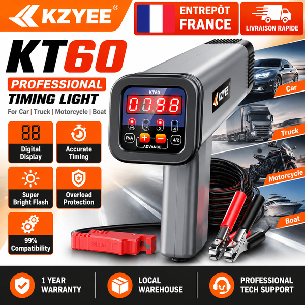 KZYEE KT60 Digitales Zündzeitungslicht 12V Induktiver Motortiming-Tester Drehzahlmesser Vorschubwinkel-Werkzeug für 2- und 4-Takt-Benzinmotoren