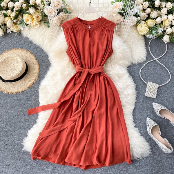 YuooMuoo Korean Fashion Women Dress 2025 Summer Casual Solid Sleeveless Sash Bandage Black Dress Vintage Elegant Lady Vestidos
