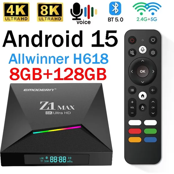 Z1 Max TV-Box Android 15 IPTV Allwinner H618 Quad-Core 4G 5G Dual-WLAN HD 8K 4K Media Player BT 5.0 Unterstützt Sprachfernbedienung TV-Box