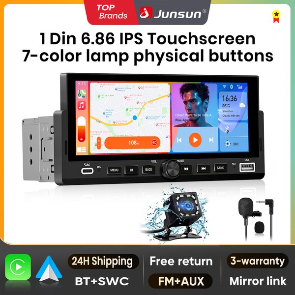 Junsun 6.86 "autoradio 1 Din universel multimédia vidéo lecteur MP5 Carplay Android Auto écran tactile BT SWC USB charge