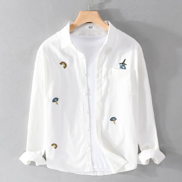 Stickerei Italien Stil Lange-ärmeln Beiläufige Reine Baumwolle Marke Shirts Für Männer Mode Komfortable Tops Kleidung Camisa Masculina