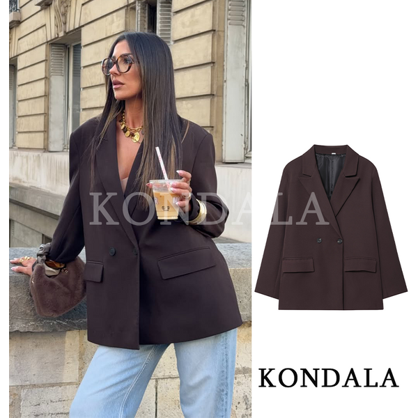 KONDALA élégant trajet Double boutonnage Blazer femmes Vintage marron boutons Blazer 2026 printemps été à la mode bureau dame Blazer