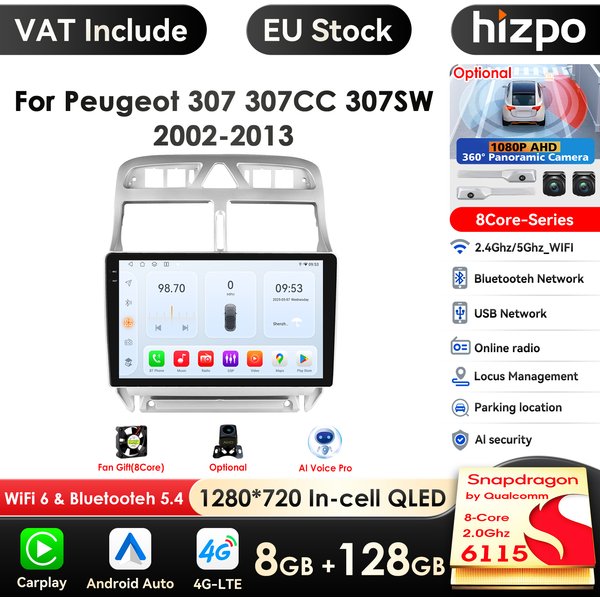 8GB + 128GB AI voix pour Peugeot 307 SW 307CC 307SW 2002 - 2013 autoradio 2 Din Android Auto multimédia GPS piste Carplay 2din
